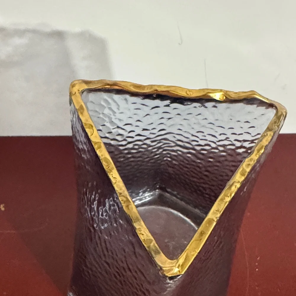 Nordic Hammered Gray Glass Vase Gold Rim 6.5” Tall 5.25